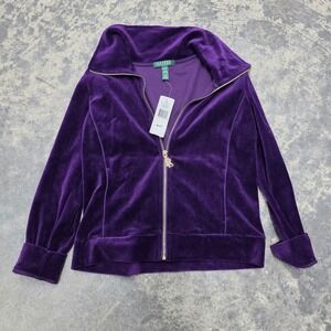 VTG Lauren Ralph Lauren Velour Track Jacket‎ Full Zip Purple Gold Charm Size MP
